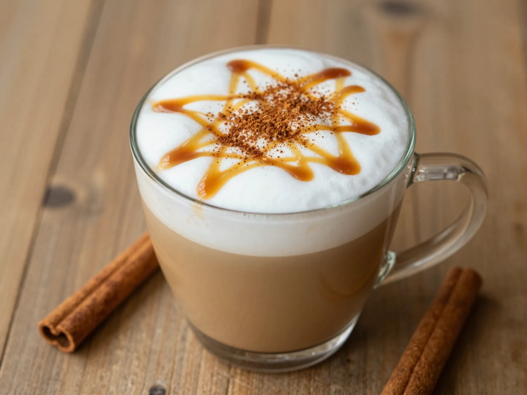 Customized macchiato with cold foam and cinnamon on wood