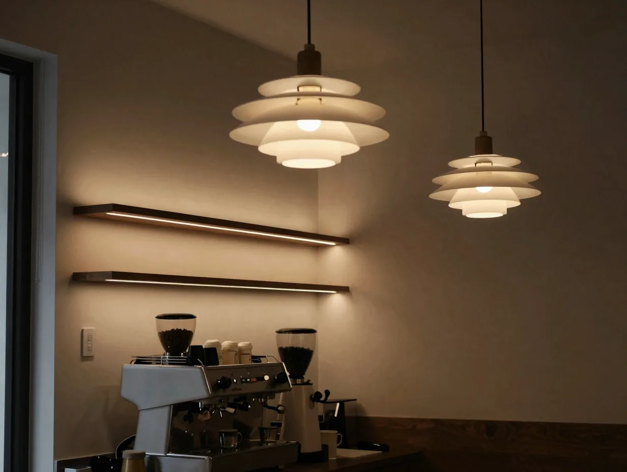 Layered pendant and under shelf light warm white glow
