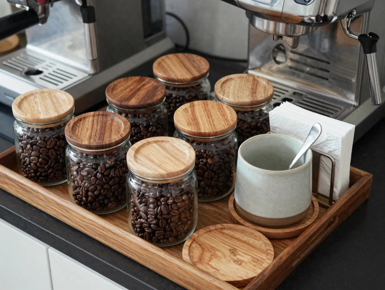Serving tray with espresso machine glass jars and coasters