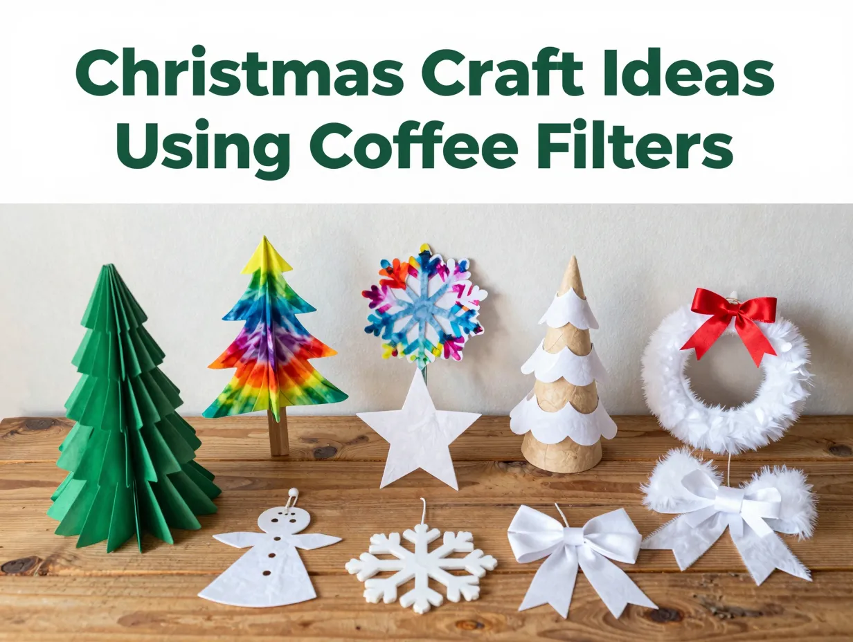 Coffee filter christmas crafts flat lay nine ideas wooden table