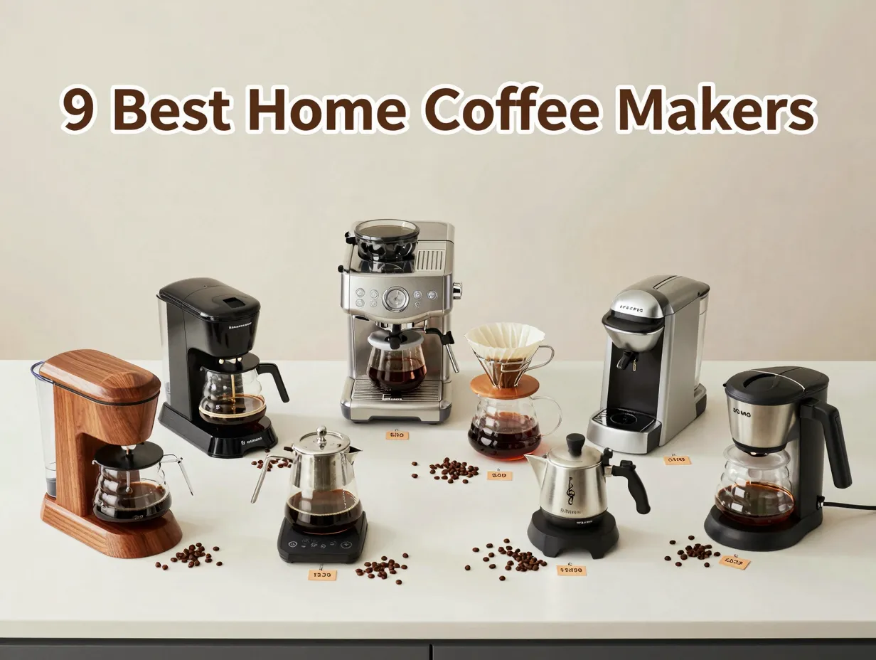 Flat lay of nine coffee makers on counter with scattered beans
