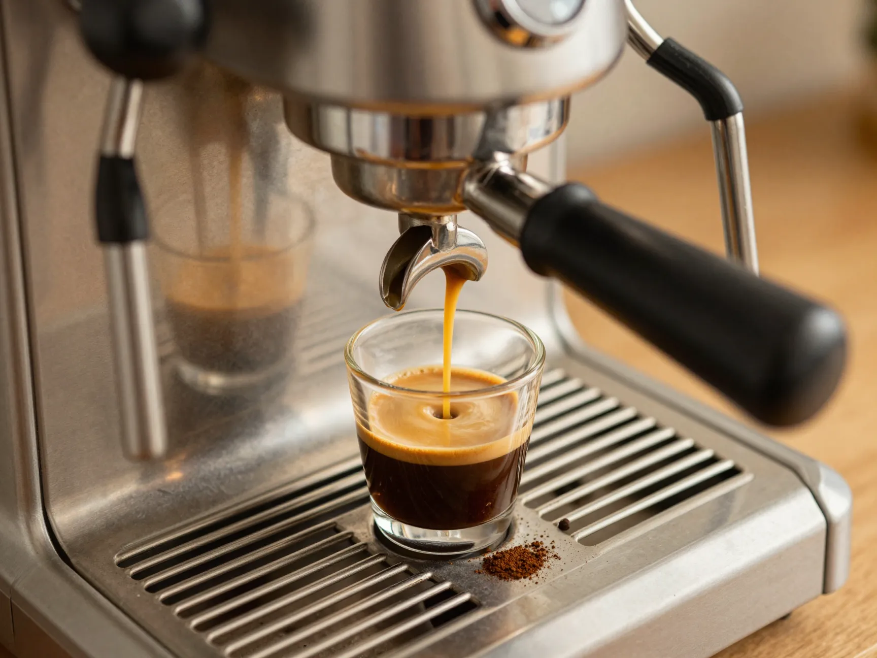 Pull fresh shot of espresso with crema in stainless steel machine