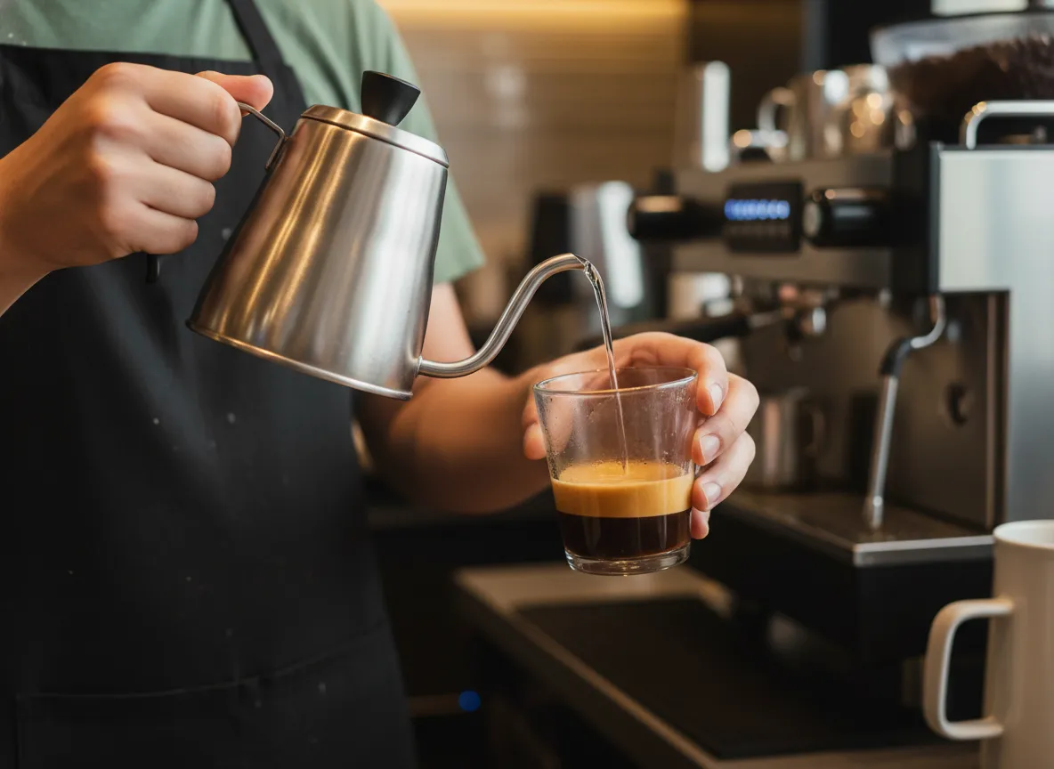 Barista preparing americano with preserved golden crema layer