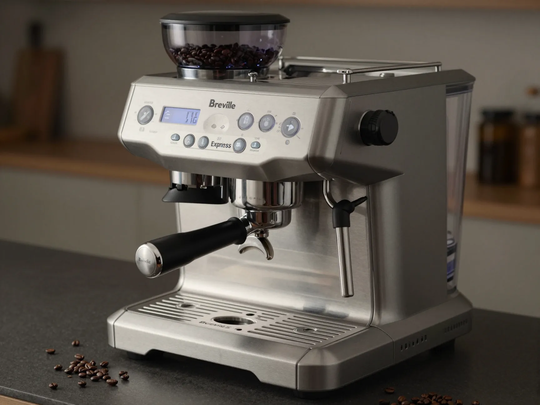 Breville espresso machine with integrated grinder on counter