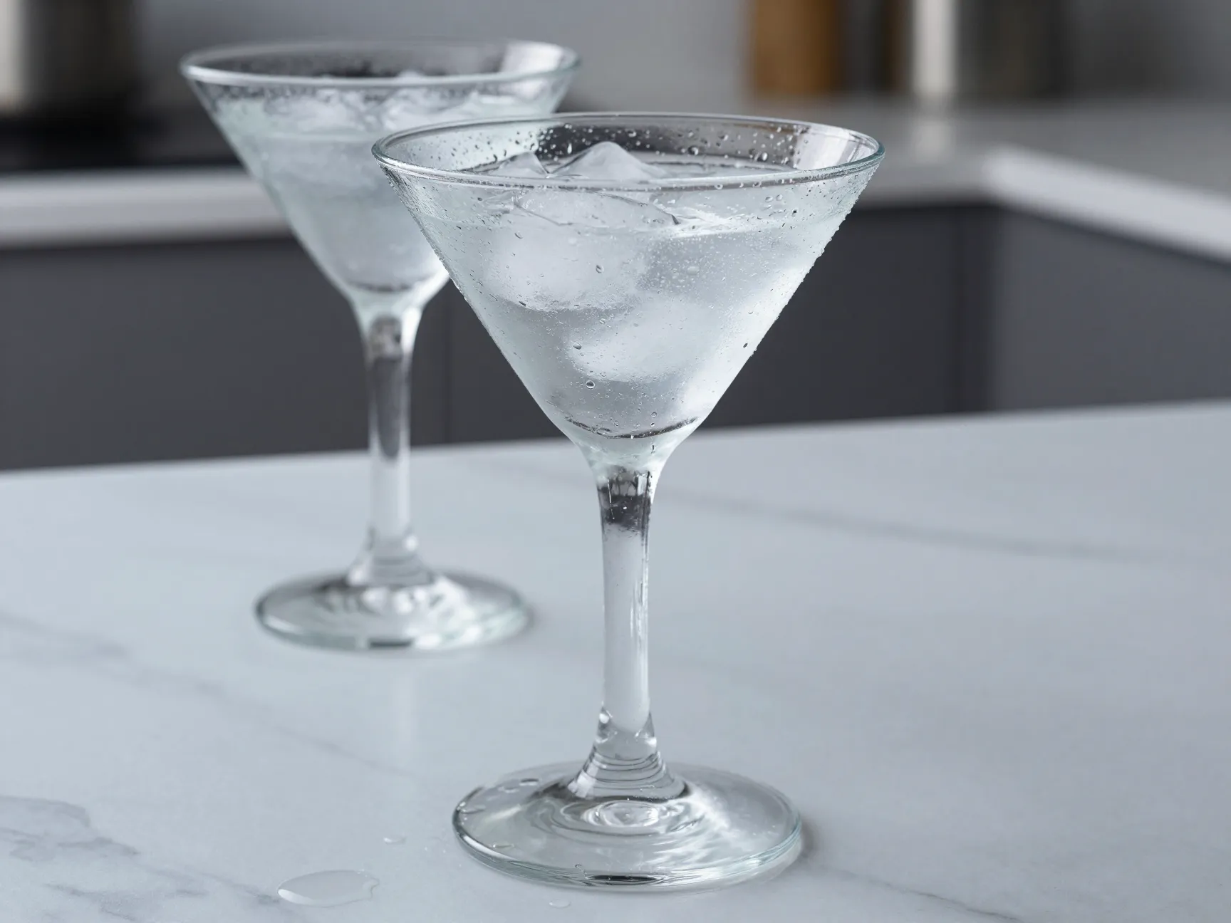 Chilled martini glass with ice water on marble countertop