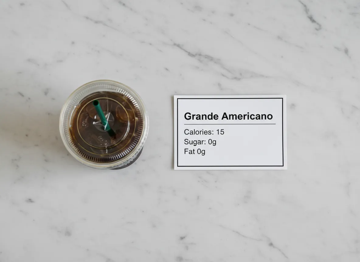 Grande americano nutrition facts label beside clean black cup