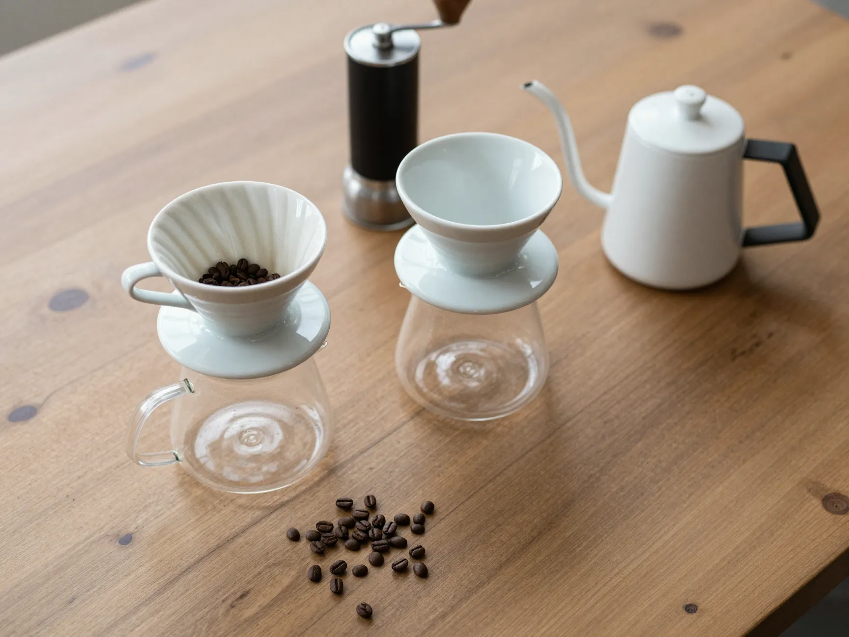 Ceramic pour over brewer with gooseneck kettle on wood