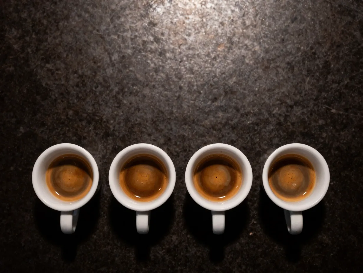 Four espresso shots lined up representing strong caffeine dose
