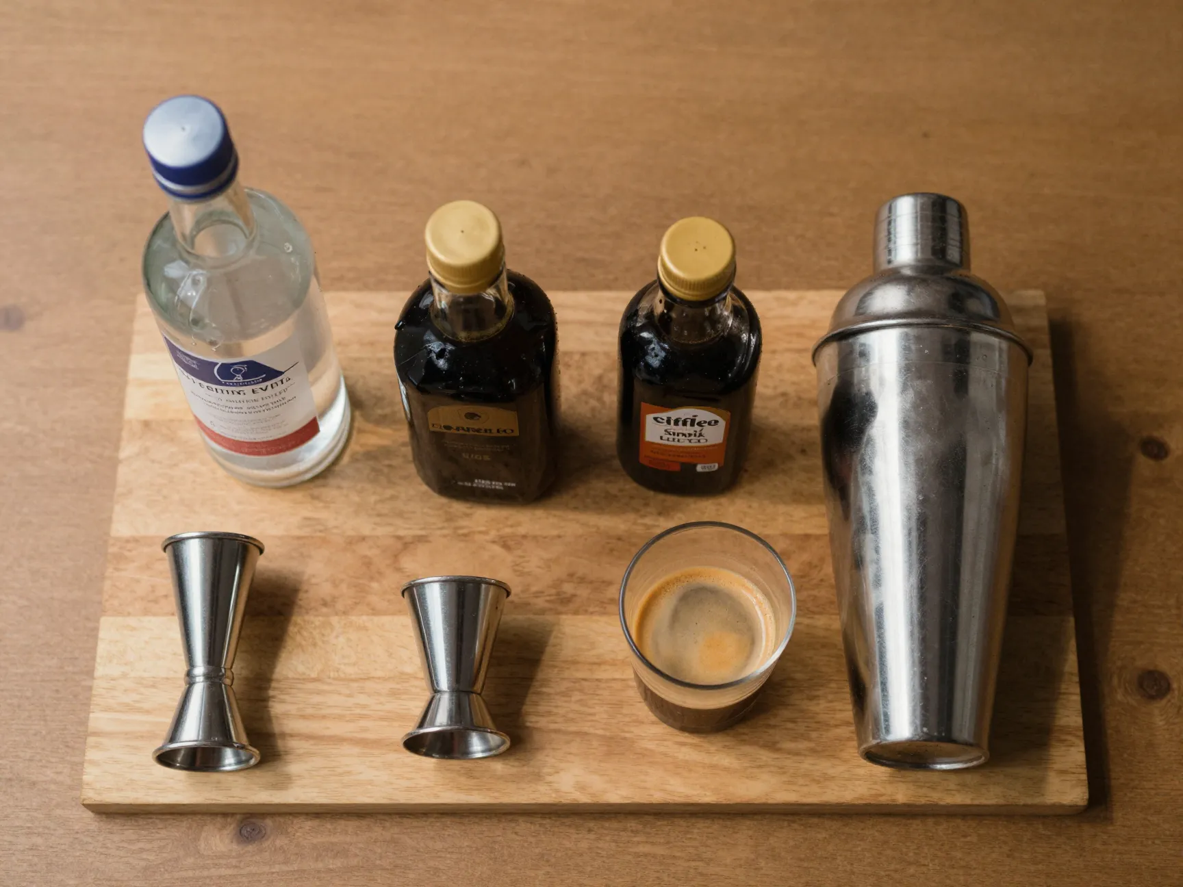 Jigger measuring liquids for cocktail in metal shaker