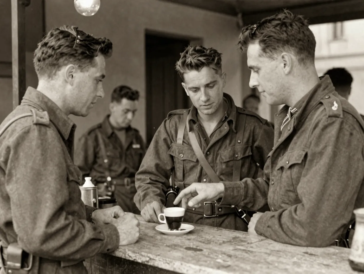 Vintage photo american gis and italian barista with coffee