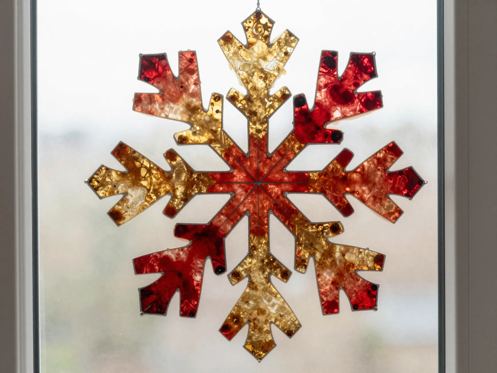Wet on wet color blended red gold coffee filter snowflake suncatcher
