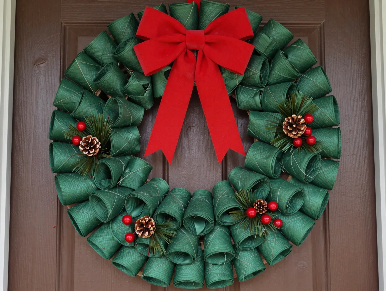 Densely packed folded green coffee filter wreath with red ribbon