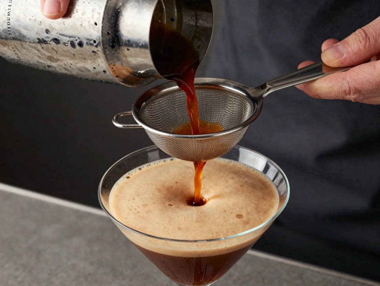 Double straining espresso martini through two metal strainers