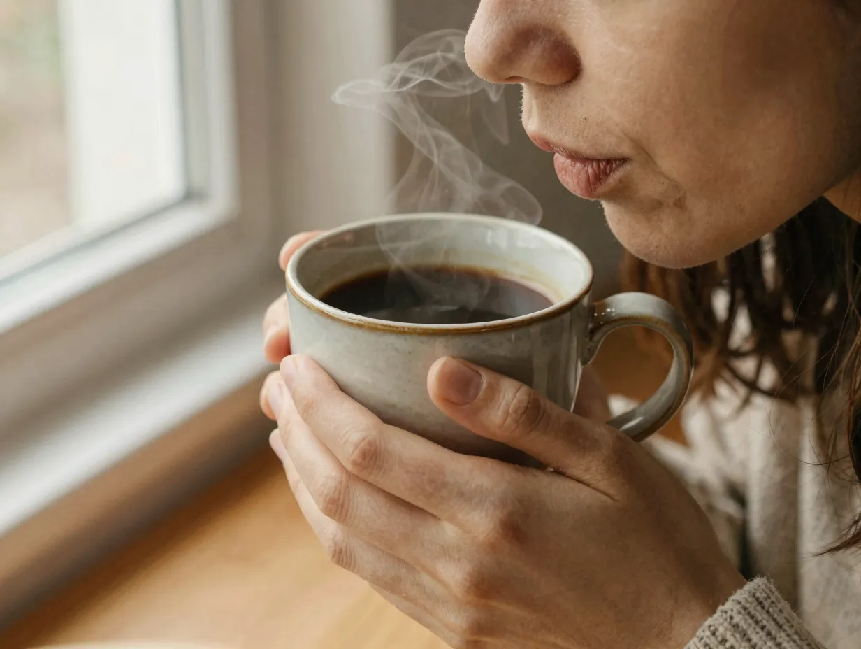 Person sipping americano slowly from a large ceramic mug