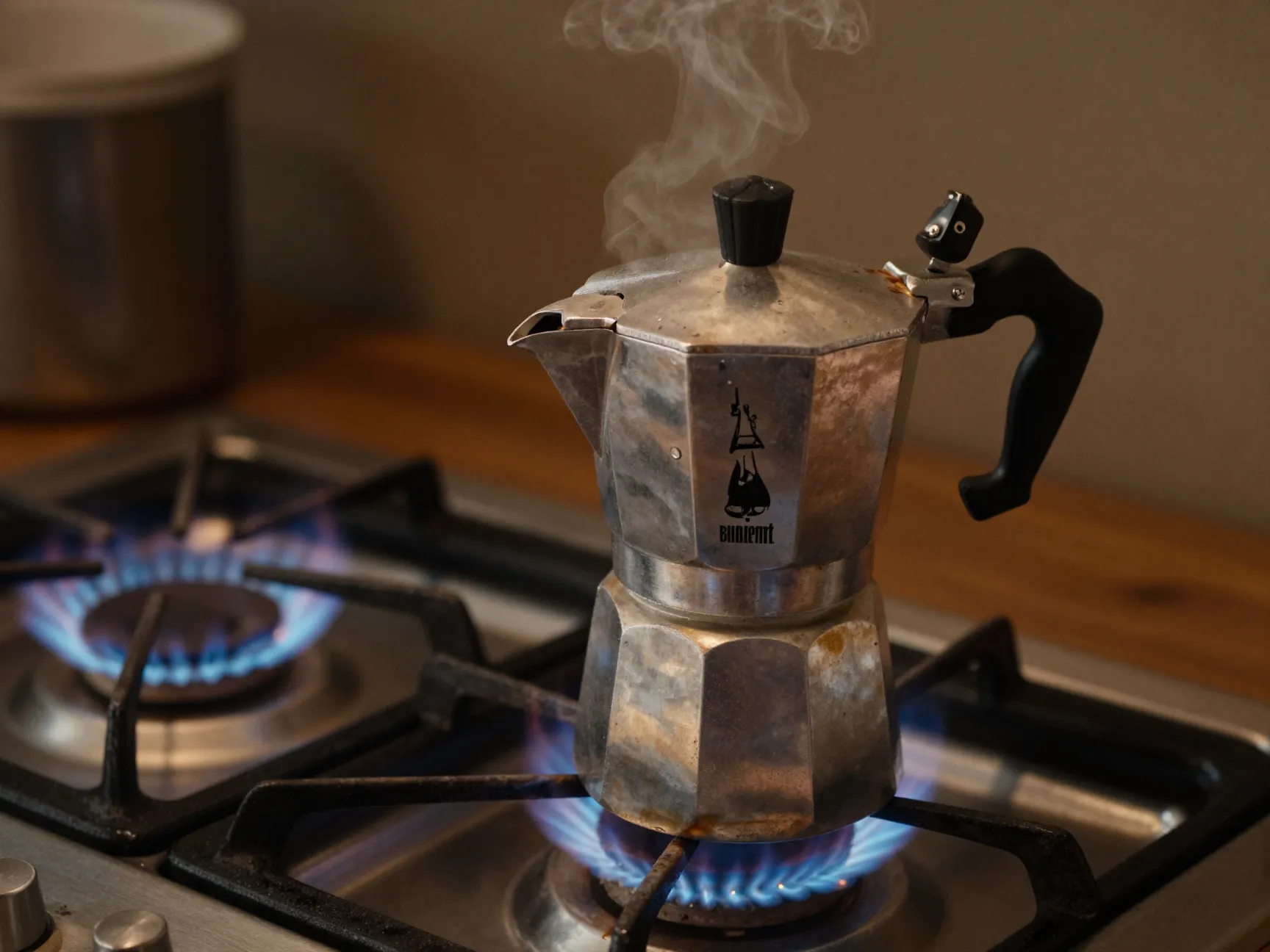 Iconic stovetop moka pot brewing on gas flame