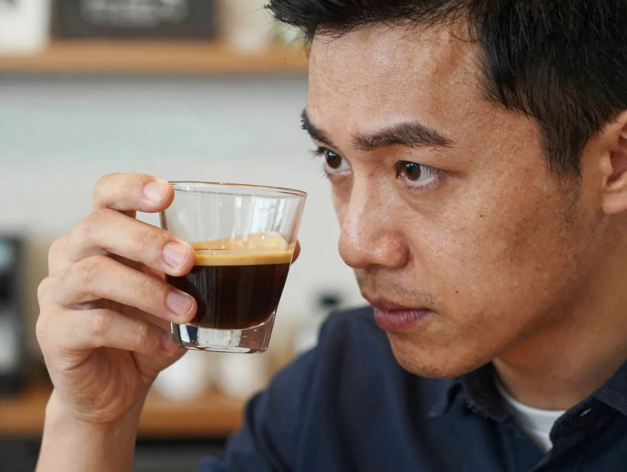 Serious coffee enthusiast critically evaluating a fresh americano