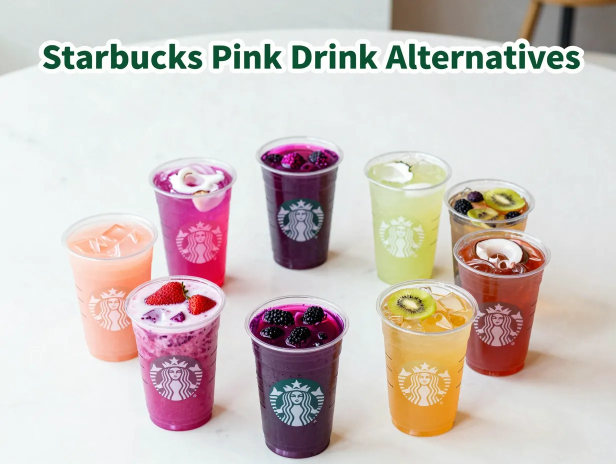 Eight vibrant starbucks refresher drinks in circle birds eye view