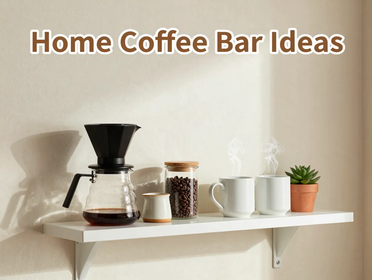 Minimalist floating shelf coffee station morning brew light pour over