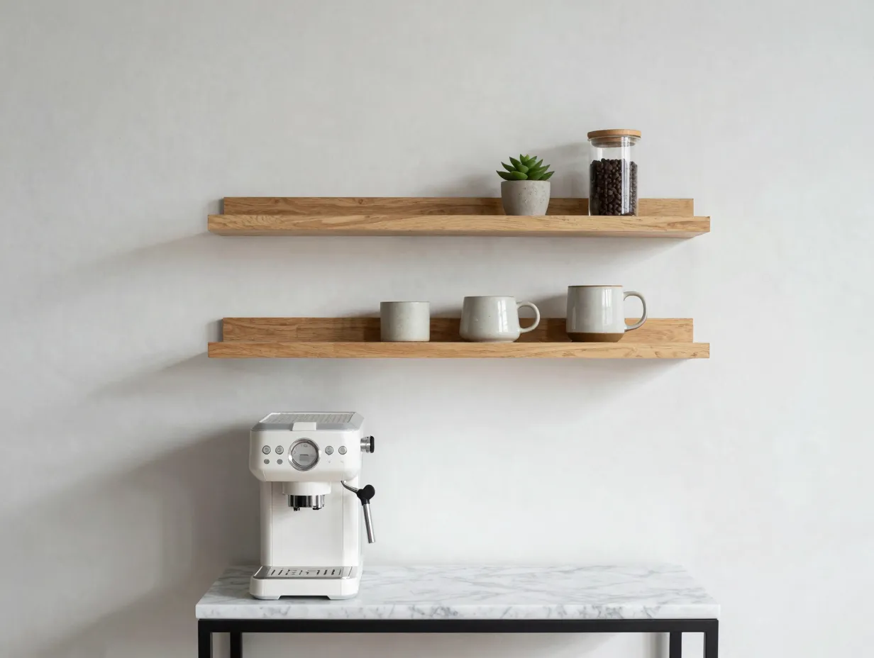 Two floating wooden shelves staggered above a small marble side table