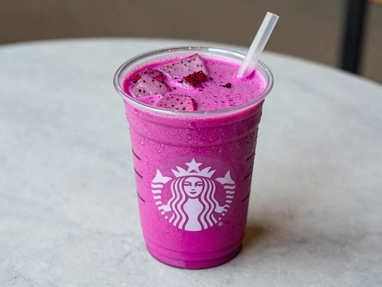 Vivid magenta dragon drink in tall clear cup on marble surface