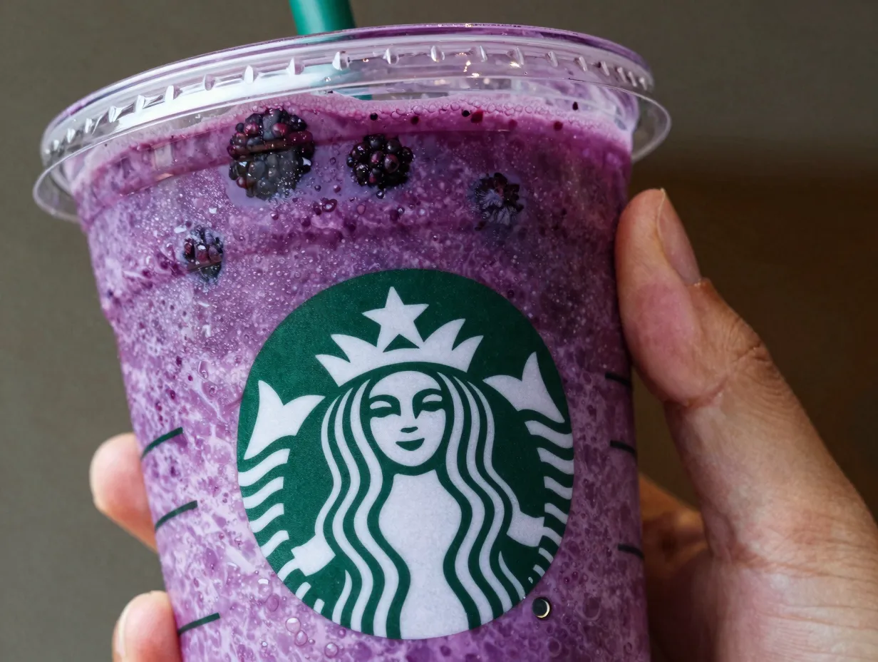 Deep purple violet drink with blackberries in starbucks cup