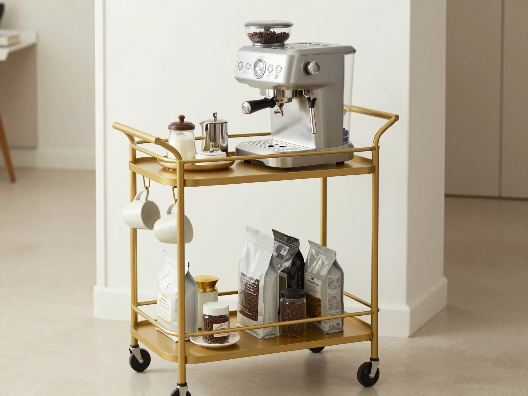 A three tier gold bar cart holding a coffee station with hanging mugs