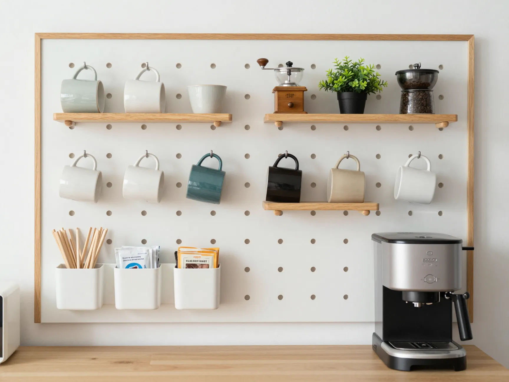 A white pegboard wall with hooks holding mugs and small shelves