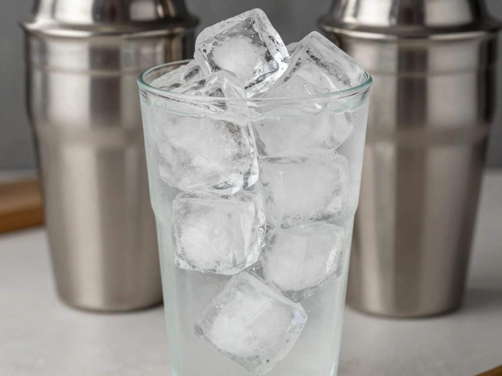 Cocktail shaker two thirds full with large ice cubes