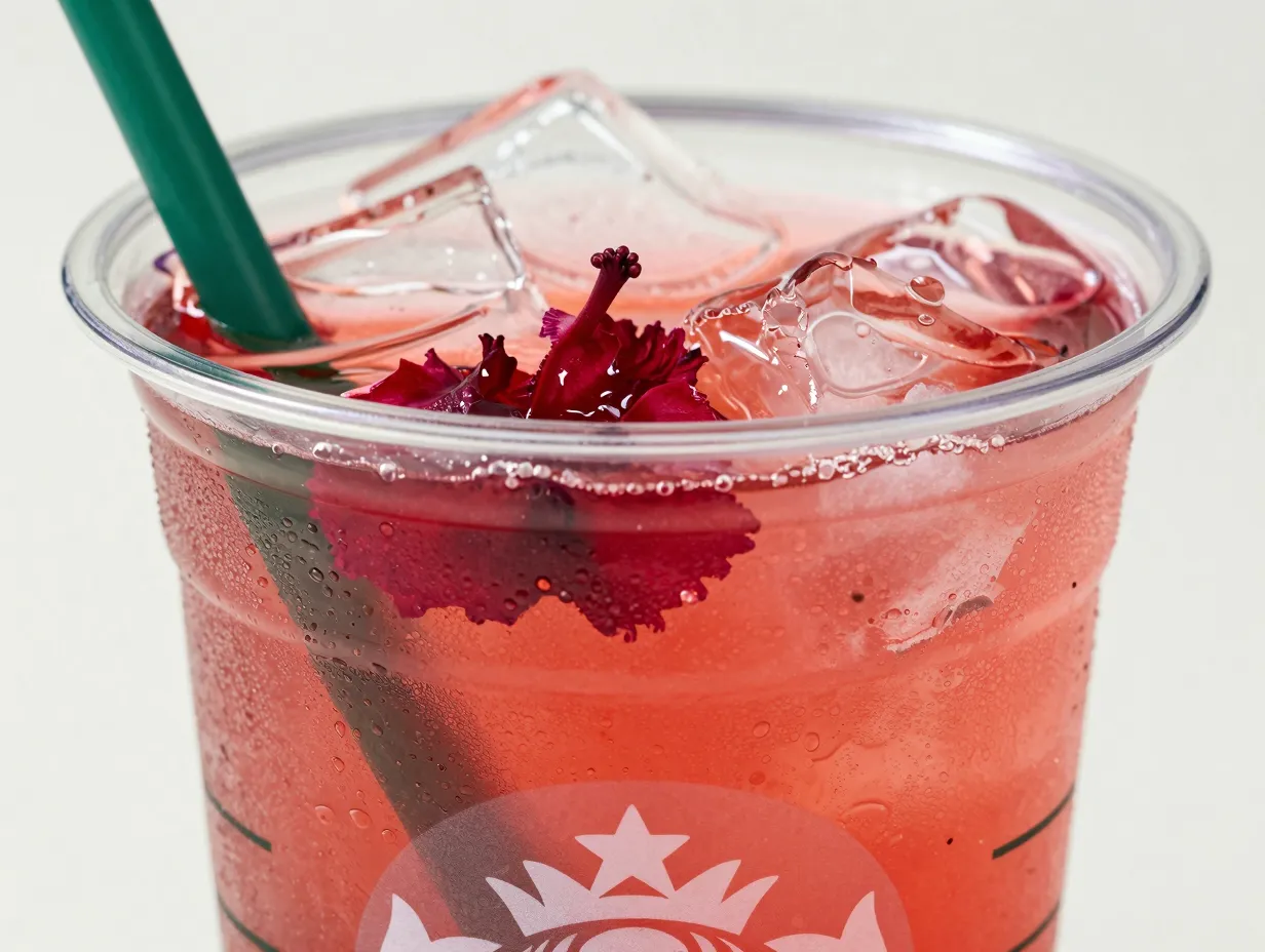 Crimson passion tango tea lemonade in starbucks cup ice
