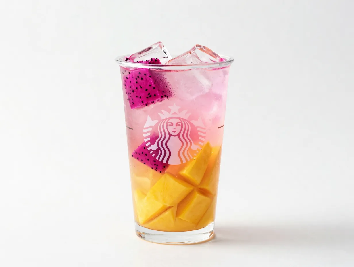 Light mango dragonfruit refresher with fruit pieces clear cup