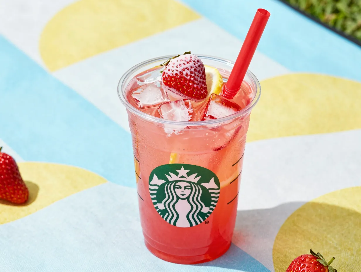 Strawberry lemonade vibrant pink drink in starbucks cup