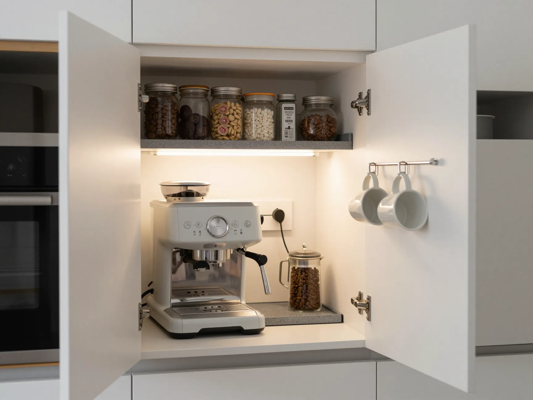 An open kitchen cabinet interior converted into a hidden coffee station