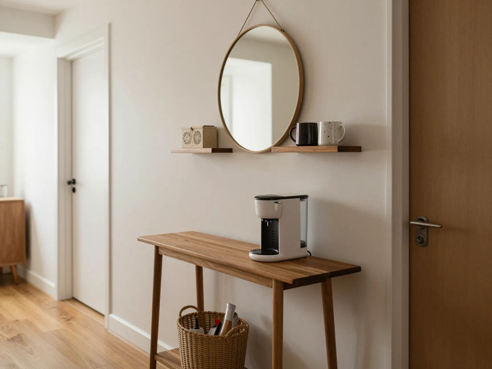 A narrow console table in a hallway with a mirror and wall shelves above