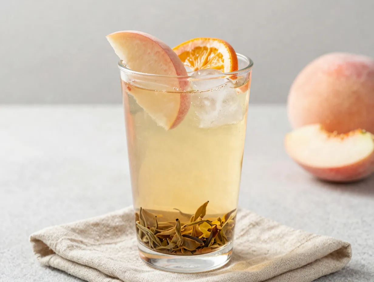 Delicate peach citrus white tea infusion in clear glass