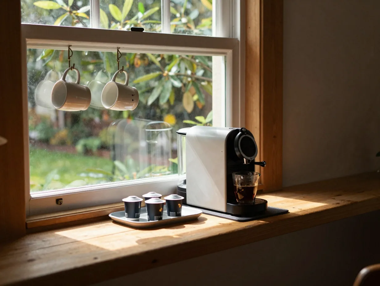 A compact coffee maker on a deep sunny window sill with hanging mugs