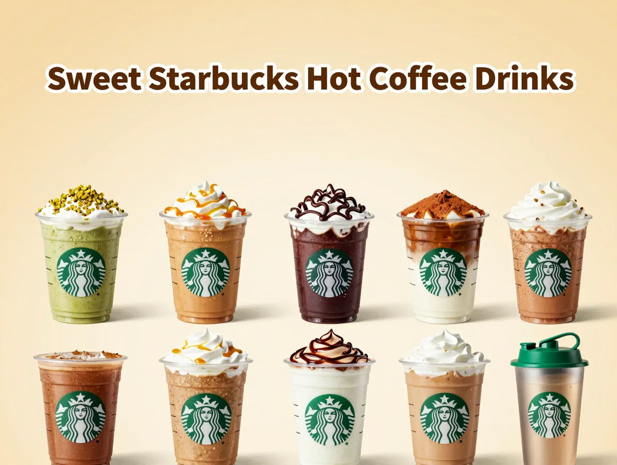 Eight starbucks drinks with distinct toppings in grid