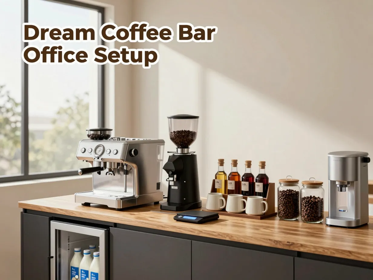 Espresso machine grinder mugs fridge syrups scale coffee bar setup