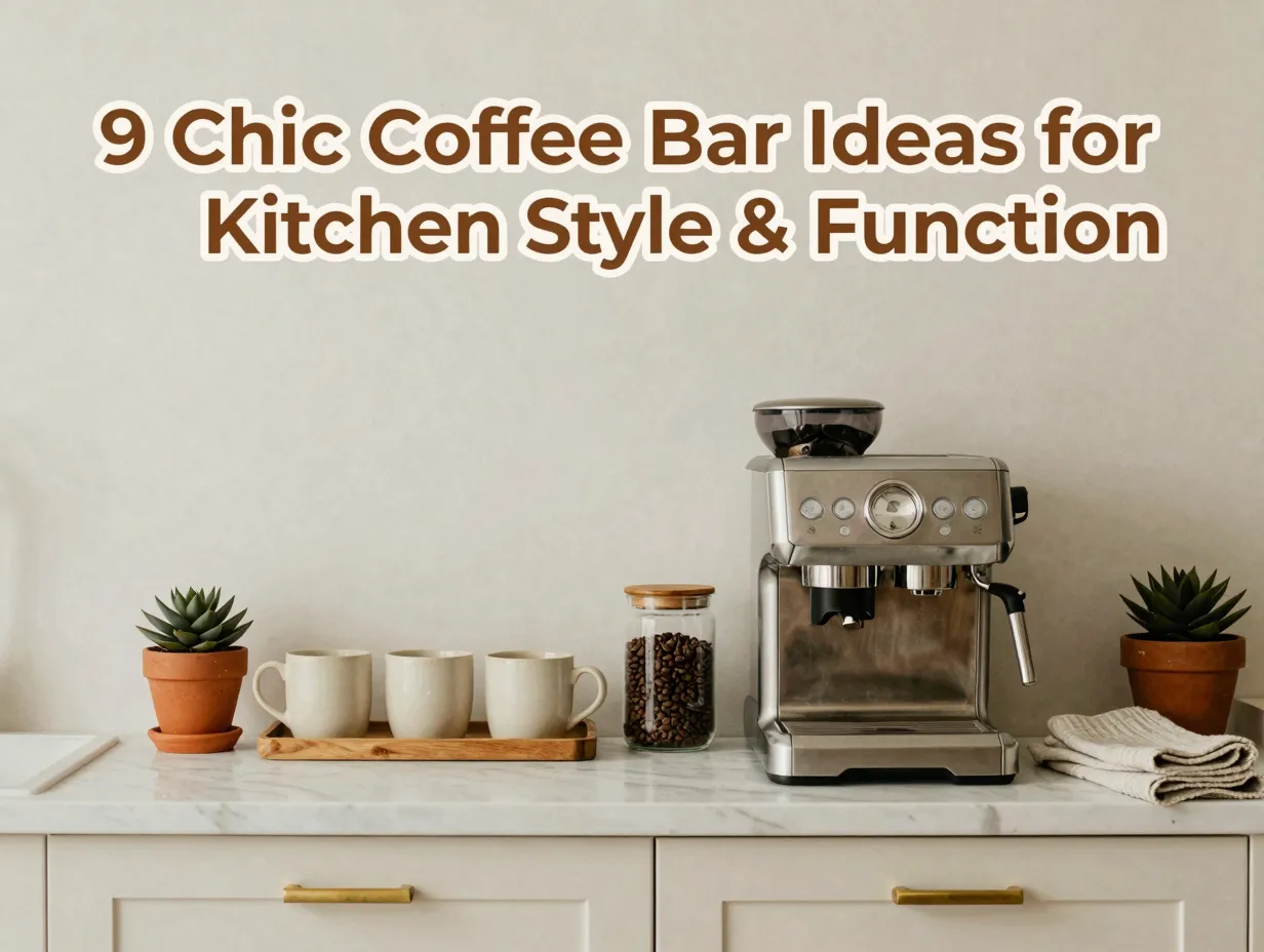 Marble countertop brass hardware ceramic mugs espresso machine organized station flatlay