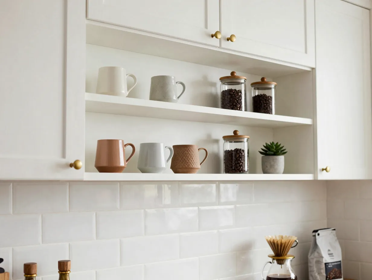 Floating white shelves mugs canisters closed brass cabinets