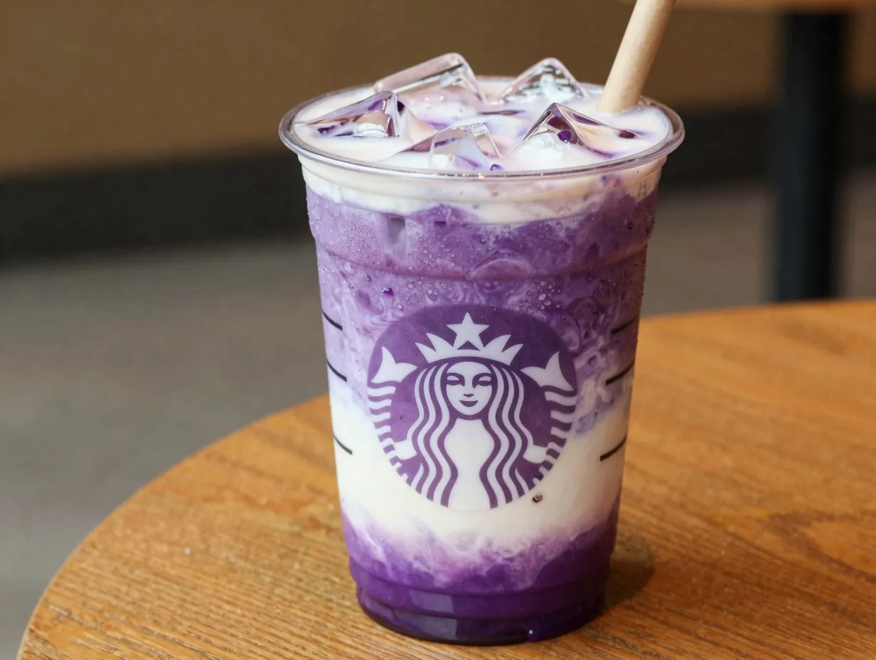 Iced ube coconut macchiato layered espresso drink over ice