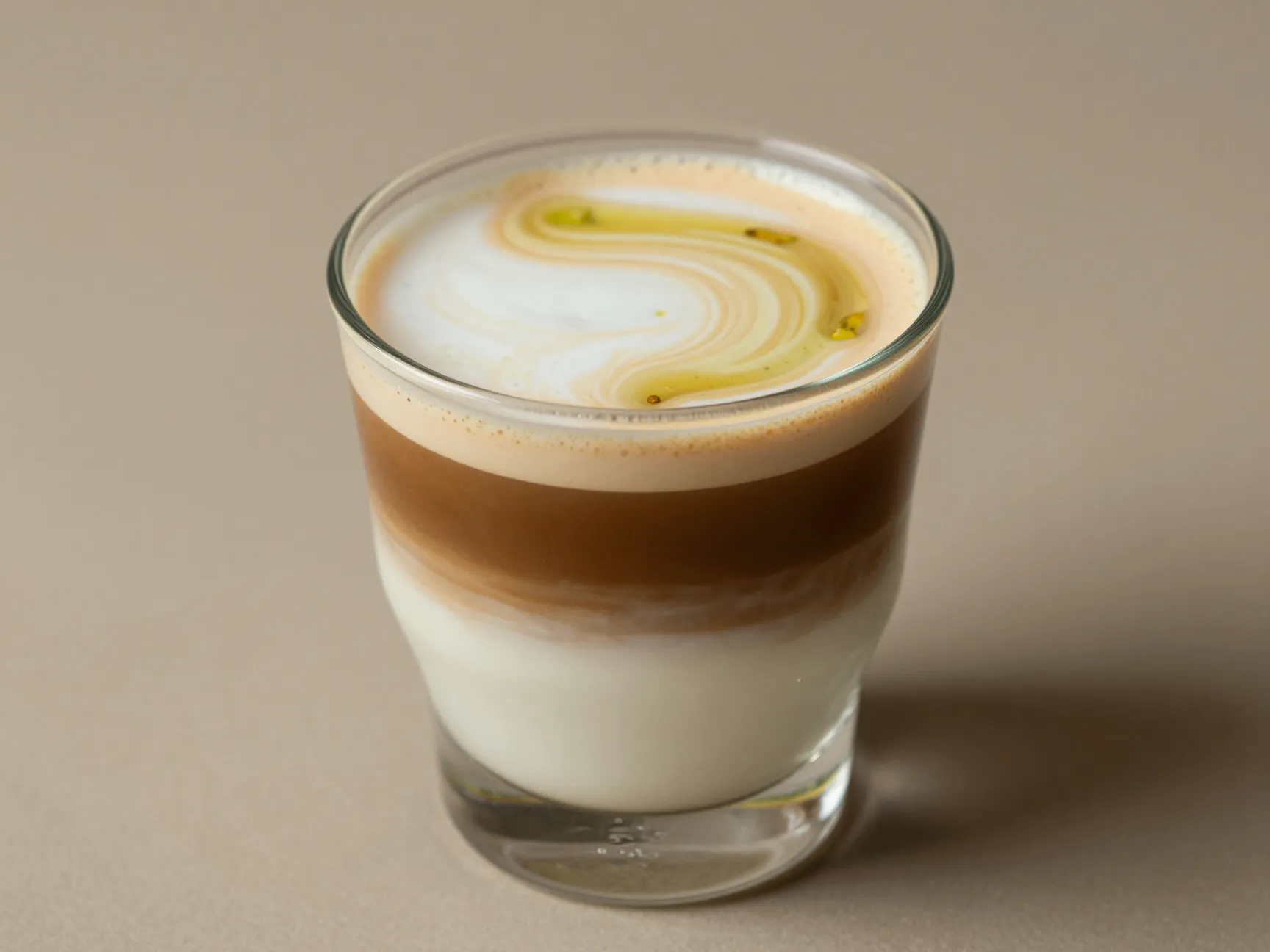 Short cortado with pistachio syrup and oat milk
