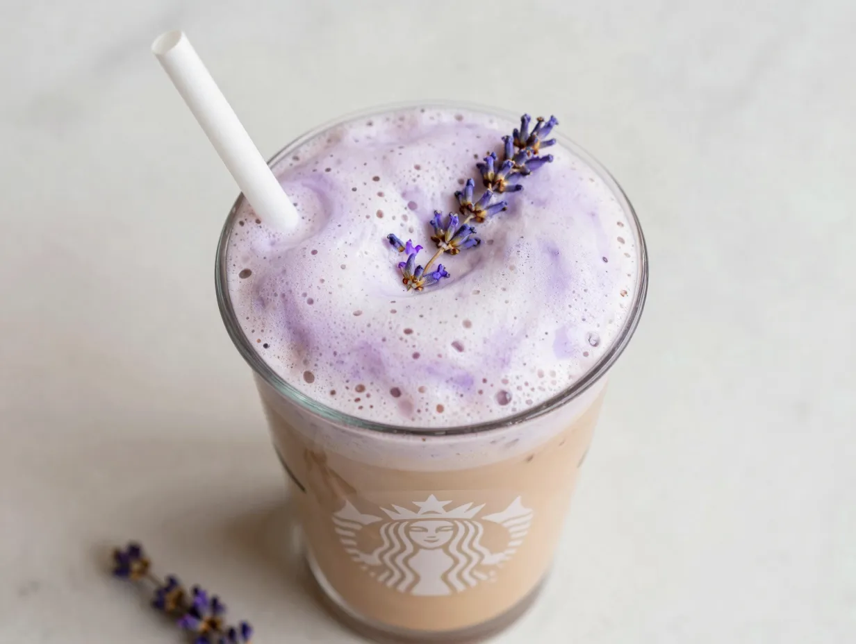 Iced lavender cream chai latte with floral cold foam topping