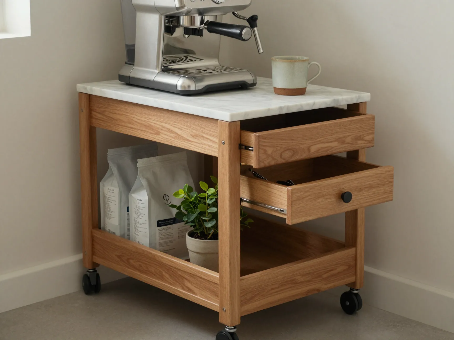 Wooden marble top rolling coffee cart espresso machine