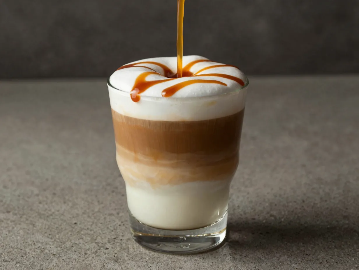 Classic layered hot caramel macchiato with drizzle