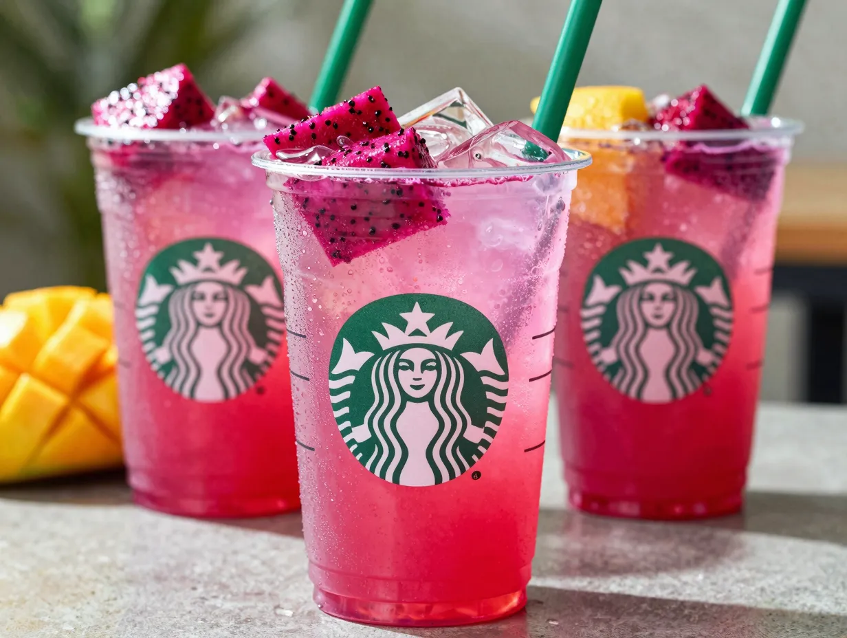 Mango dragonfruit refresher pink fruit drink with ice