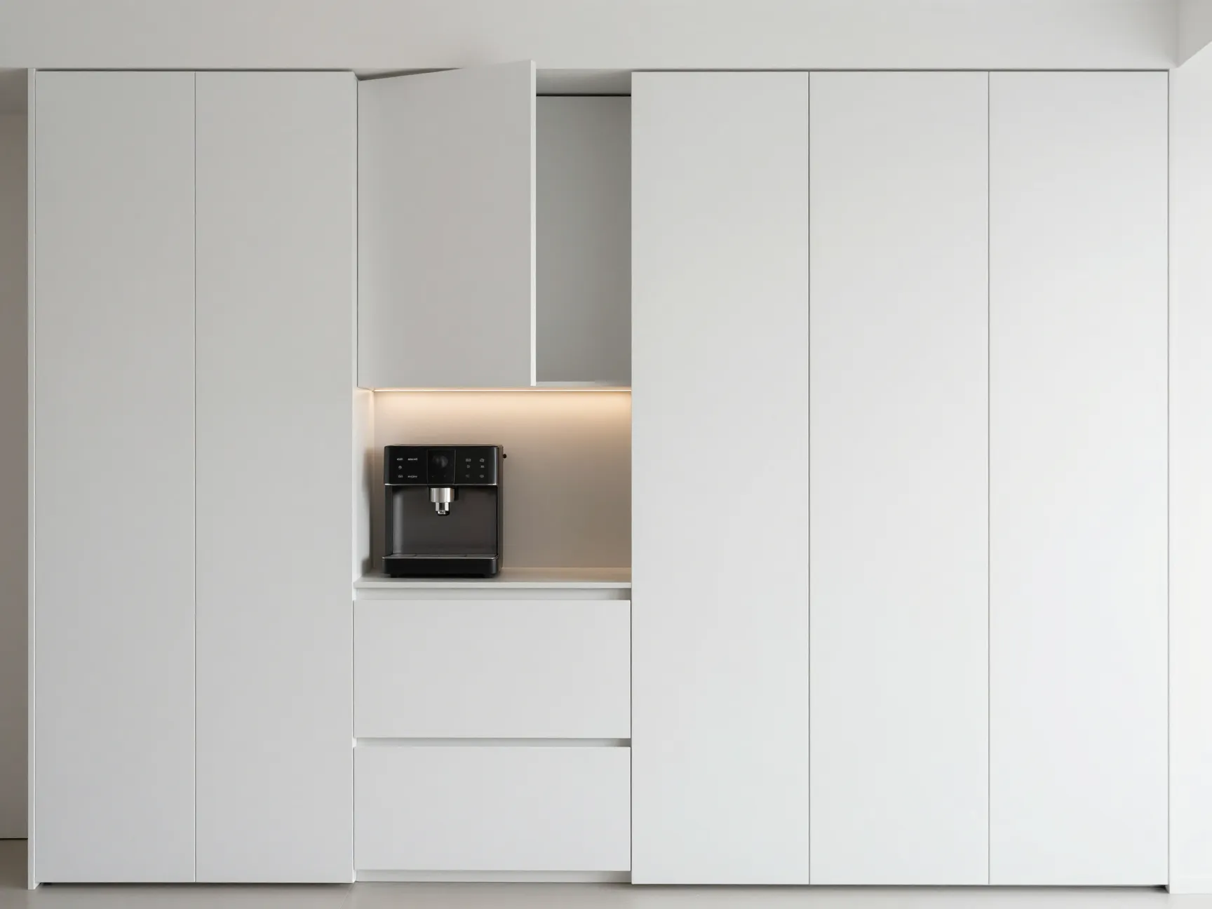 Minimalist white cabinet pullout shelf hidden coffee station