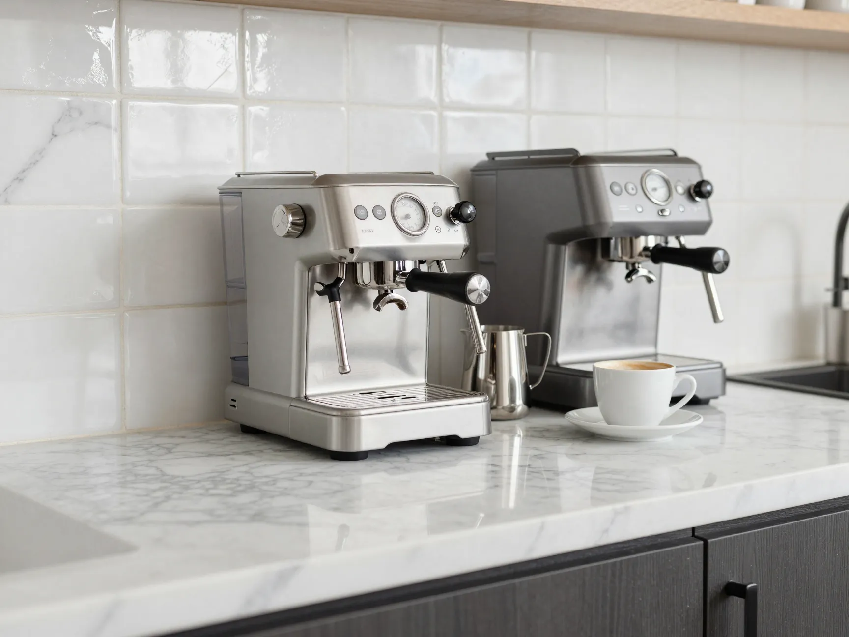 White marble counter zellige tile backsplash espresso setup