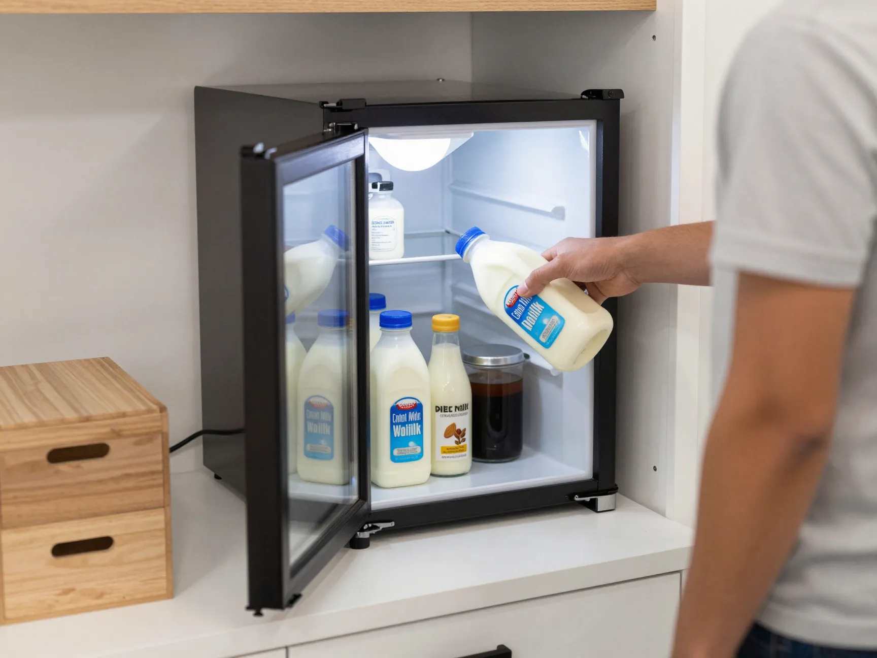 Office coffee bar under counter mini fridge milk cold brew