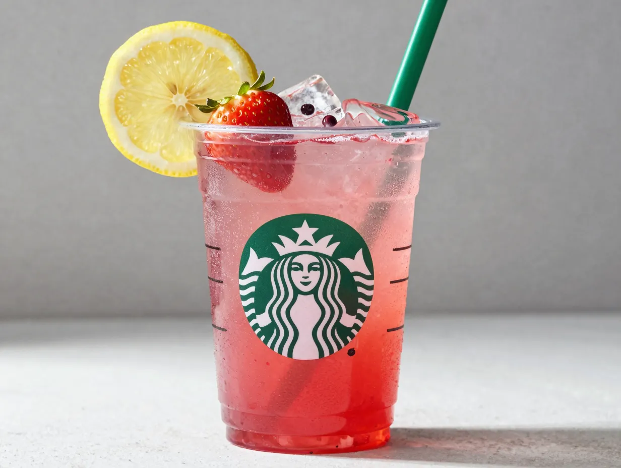 Strawberry acai lemonade refresher tart pink drink with fruit