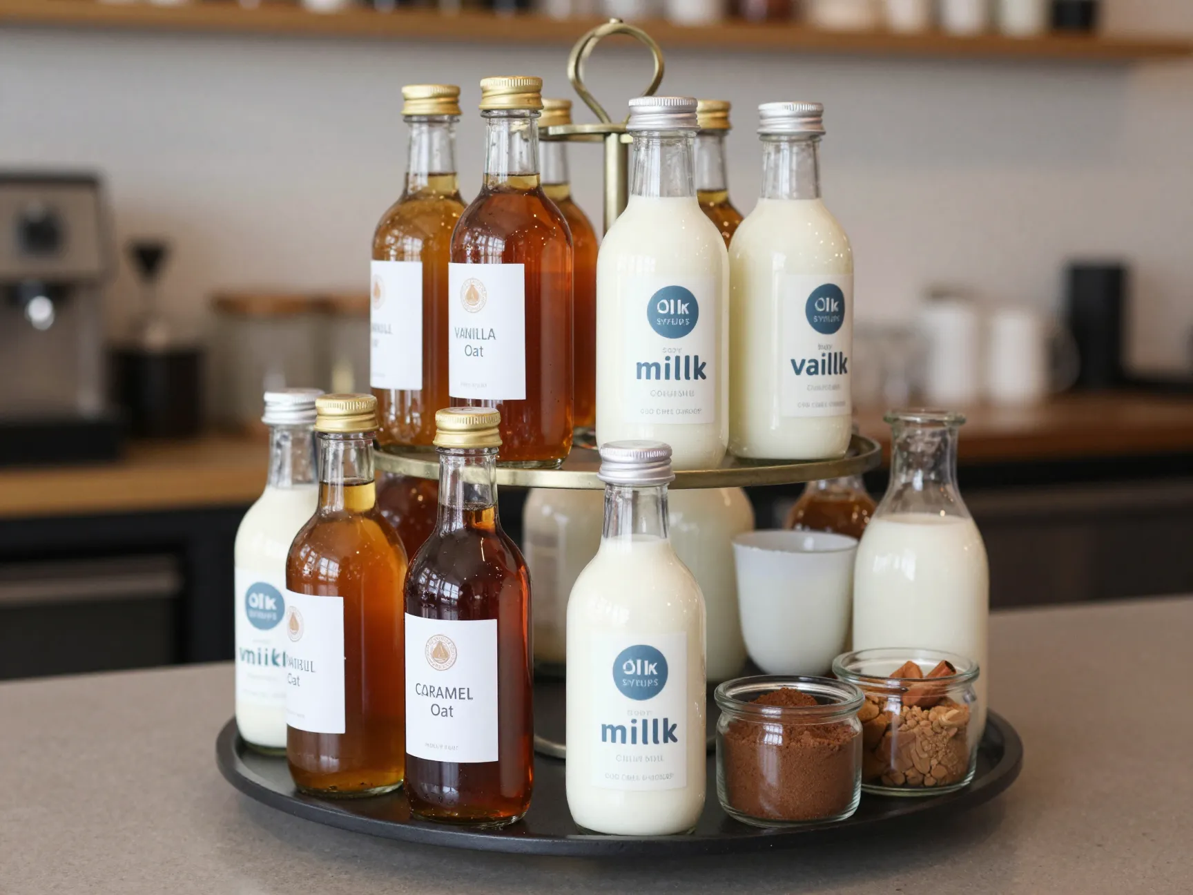 Curated syrups milk alternatives tiered rack vanilla caramel oat